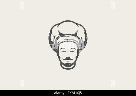 Logo icon head of smiling male cook silhouette in chef hat hand drawn stamp effect vector illustration. Vintage grunge texture emblem for package and Stock Vector