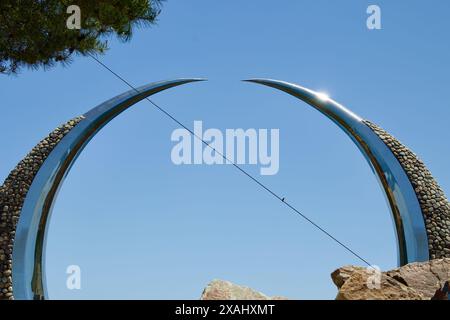 Samcheok City, South Korea - May 18th, 2024: The Tower of Hope at New Millennium Coastal Amusement Park features two arching spires that symbolize hop Stock Photo