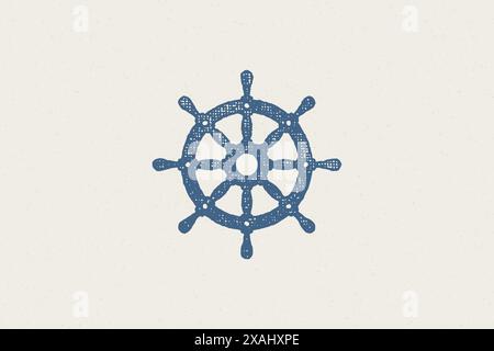 Marine steering wheel silhouette for logo hand drawn stamp effect vector illustration. Vintage grunge texture emblem for package and menu design or la Stock Vector