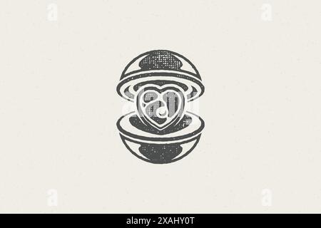 Grill silhouette with meat steak barbecue food preparation hand drawn stamp effect vector illustration. Vintage grunge texture emblem for bbq packagin Stock Vector