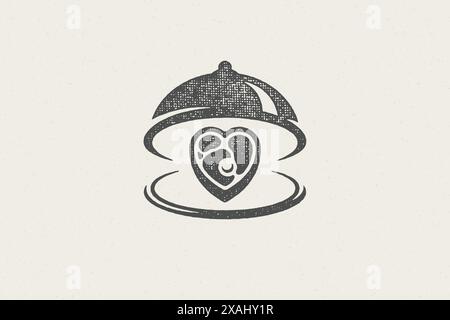 Heart shape beef steak silhouette served on tray with open cloche hand drawn stamp effect vector illustration. Vintage grunge texture emblem for packa Stock Vector