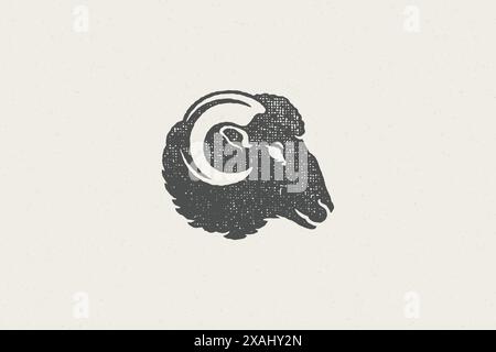 Ram head with horns silhouette for domestic farm industry hand drawn stamp effect vector illustration. Vintage grunge texture emblem for butchery pack Stock Vector