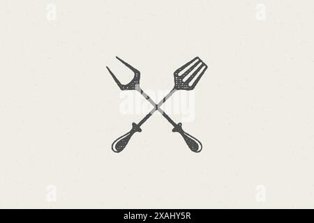 Fork and spatula crossed silhouette as symbol barbecue food preparation hand drawn stamp effect vector illustration. Vintage grunge texture emblem for Stock Vector