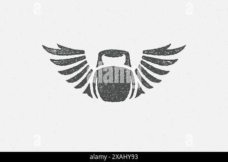 Heavy kettlebell silhouette with wings as symbol of weightlifting workout hand drawn stamp vector illustration. Grunge texture on old paper for poster Stock Vector