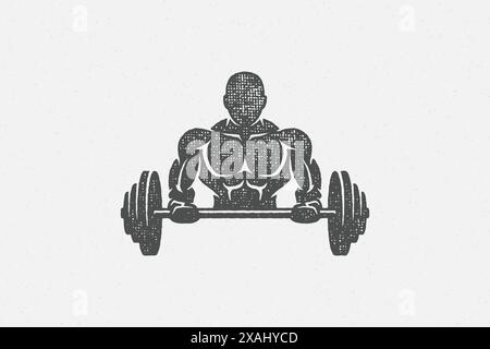 Strong bodybuilder lifting barbell silhouette vector illustration. Muscular man lifting heavy barbell during weightlifting workout in gym hand drawn s Stock Vector