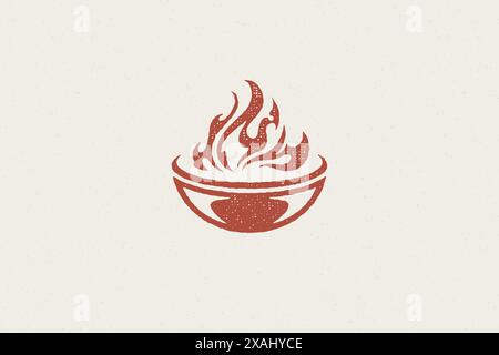Grill silhouette with burning fire flame barbecue food preparation hand drawn stamp effect vector illustration. Vintage grunge texture emblem for bbq Stock Vector