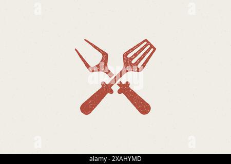 Fork and spatula crossed silhouette as symbol barbecue food preparation hand drawn stamp effect vector illustration. Vintage grunge texture emblem for Stock Vector