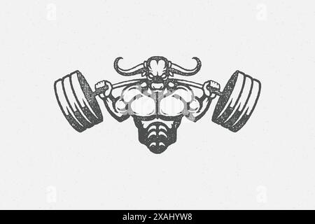 Sportsman silhouette with bull head lifting barbell vector illustration. Muscular athlete lifting heavy barbell during weightlifting hand drawn stamp Stock Vector