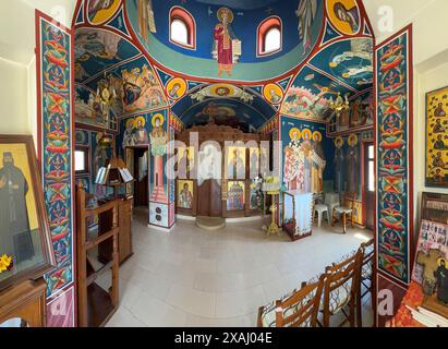 Interior of small church chapel in Byzantine style architectural style on grounds of Unesco Site Site Orthodox Greek Orthodox Monastery Moni Stock Photo