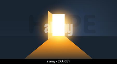 Dark Room, Light Coming In Through an Open Door - New Possibilities, Hope, Overcome Problems, Solution Finding Concept Stock Vector