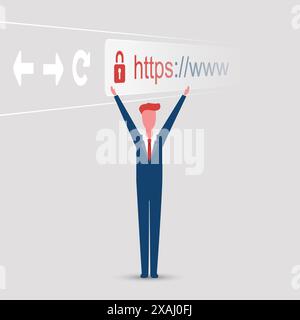 Browser Address Bar Showing Https Protocol - Secure Business Concept with Happy Standing Business Man, Arms Raised Stock Vector