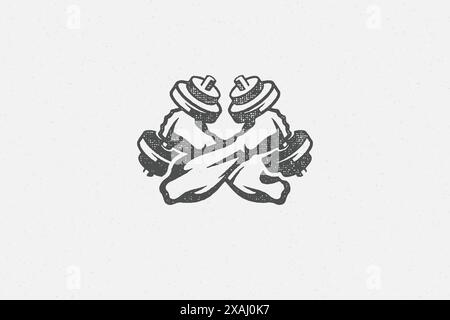 Crossed arms athlete with dumbbells silhouette vector illustration. Arms of muscular sportsman with dumbbells during weightlifting in gym hand drawn s Stock Vector