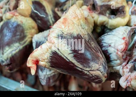 Cleaned and hanged raw cow hearts. Stock Photo