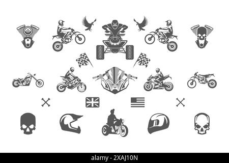 Vintage custom motorcycles silhouettes and icons isolated on white background vector illutrations set. Rider on bike, motorcycle, engine repairs objec Stock Vector
