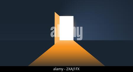 Dark Room, Light Coming In Through an Open Door - New Possibilities, Hope, Overcome Problems, Solution Finding Concept Stock Vector