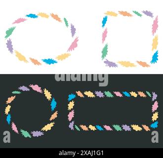 Frames, border Set. Hand drawn paint brush cute shape, pastel colourful rainbow colour palette. Circle wreath, square geometric corner. Empty frame Stock Vector