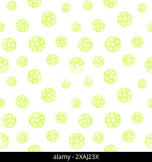 Seamless pattern of green balls, modern game Pickleball. Watercolor hand drawn grunge round geometric shapes texture. Watercolour print for textile, w Stock Photo
