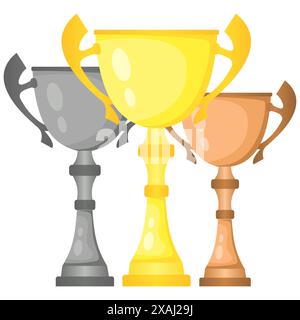Set of vector trophy champion cups in gold, silver and bronze. Championship prizes for first, second and third place. Victory symbols isolated on whit Stock Vector