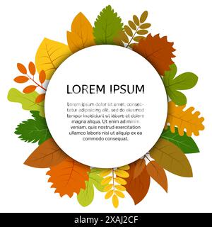 Colorful autumn leaves under white round label. Vector card with yellow leaves isolated on white background Stock Vector