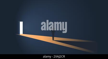 Standing Figure in a Dark Room in Front of an Open Door with Bright Light Coming In From Outside - New Possibilities, Hope, Overcome Problems, Solutio Stock Vector