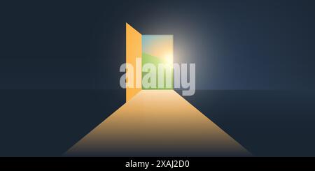 Let's Go Outside - Dark Room, Light Coming In Through an Open Door - New Possibilities, Hope, Overcome Problems, Solution Finding Concept, Background Stock Vector