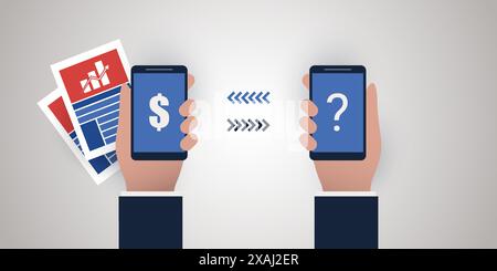 Modern Digital Money Transfer and Fintech Service Concept Design with Two Parties Holding a Smart Phone, One Sending Money and Receiving Information - Stock Vector