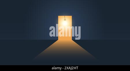 Dark Room with Open Door, Light of a Bulb Coming Through It - Way Out of Darkness - New Possibilities, Ideas, Hope Concept with Copyspace, Symbol of O Stock Vector