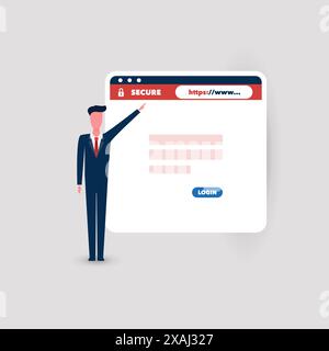 HTTPS Protocol - Make Sure It Is Safe - Secure Website for All Businesses - Business Man Proudly Showing the Safe Web Site of His Company - Vector Con Stock Vector