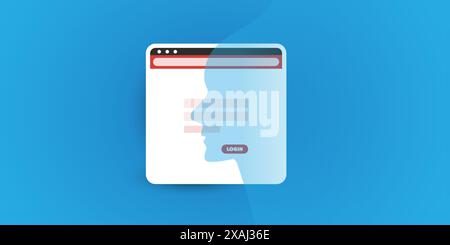 Machine Learning, Artificial Intelligence in Web Development - Website Login Screen with AI Symbol, Human Head Silhouette - Concept Design, Template w Stock Vector
