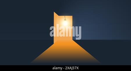 Dark Room with Open Door, Light of a Bulb Coming Through It - Way Out of Darkness - New Possibilities, Ideas, Hope Concept with Copyspace, Symbol of O Stock Vector