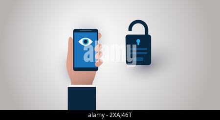 Face Recognition, Login, Facial User Authentication for a Website or an Online Service - Watching Eye Symbol on a Smartphone Screen - Illegal Surveill Stock Vector