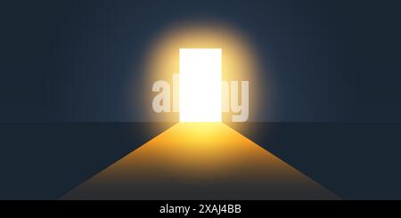 Dark Room, Bright Light Coming In Through an Open Door - New Possibilities, Hope, Overcome Problems, Solution Finding Concept Design Stock Vector
