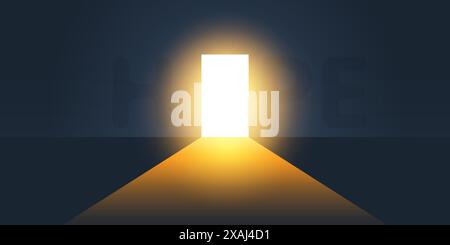 Dark Room, Bright Light Coming In Through an Open Door - New Possibilities, Hope, Overcome Problems, Solution Finding Concept Design Stock Vector