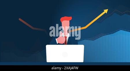 New Possibilities, Ideas, Success, Creativity - Satisfied Business Man with Thumbs Up Sitting Behind a Laptop Computer - Diagram Showing Growth, Upwar Stock Vector
