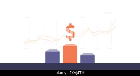 New Financial Possibilities, Hope of Economic Growth - Success, Overtake All the Competition - Dollar Sign at the Top of the Bar Chart Podium, Stats G Stock Vector