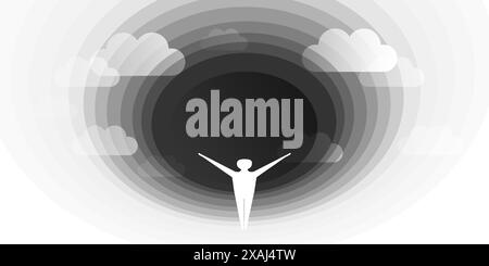 Hopelessness, Endless Dark Tunnel of Problems in Life - Vector Concept Design - Man in Despair Standing in the Light, at the Edge of a Big Black Round Stock Vector