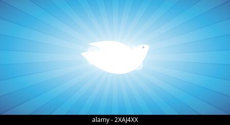 Flying Peace Pigeon, Christian Baptism Symbol - Background Design Concept with White Dove and Bright Rays of Light - Religious Sign Stock Vector