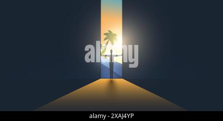 Let's Go Outside - Dark Room, Light Coming In Through an Open Gap Between Dark Walls or Curtains - New Possibilities, Hope, Overcome Problems, Solutio Stock Vector