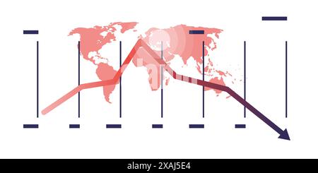Global Economic Down Fall Due to War,Inflation and Energy Crisis - Design Concept with Red World Map, Graph,Chart with Time Periods, Showing Falling,S Stock Vector