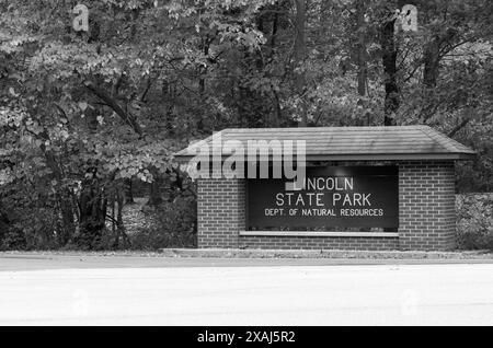 Entrance sign to Lincoln State Park, Indiana, USA. Stock Photo