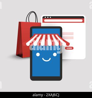 Careless Online Shopping on Safe Smart Devices Using Secure Websites - Secure E-Commerce Business, Mobility and Technology Design Concept, Vector Illu Stock Vector
