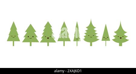 Row of Many Cute Pine Tree Characters - Simple Icons of Green Trees, Plants, Forest - Minimalist Vector Design Set, Clip-Art Collection of Tree Emoji Stock Vector