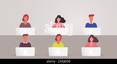 Vector Illustration of Flat Cartoon Characters Working in Office, Co-working Space, School Class or Workplace - People Work on Laptops, Sudents study Stock Vector