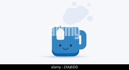 Blue Mug with Tea Filter Bag, Icon, Object Silhouette, Flat Vector Design Element with Smiling Face Stock Vector
