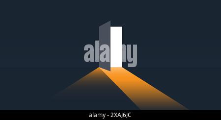 Dark Room, Light Coming In Through a Half Open Door - New Possibilities, Hope, Overcome Problems, Solution Finding Concept Stock Vector