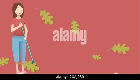 Image of woman with rake over leaves on red background Stock Photo