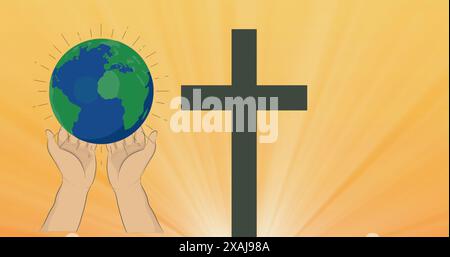 Image of globe with hands and cross on yellow background Stock Photo