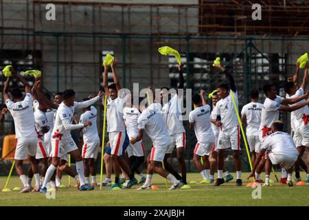 Bangladesh National Football Team attends practice session at the Bashundhara Kings Arena ahead of their second leg match of the FIFA World Cup Qualif Stock Photo