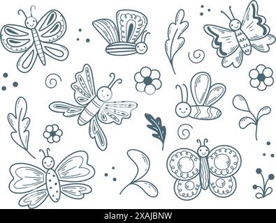 Moths, flowers and grass doodle sketch style set. Kid butterfly ink cute lines. Hand drawn butterflies, vector graphics Stock Vector