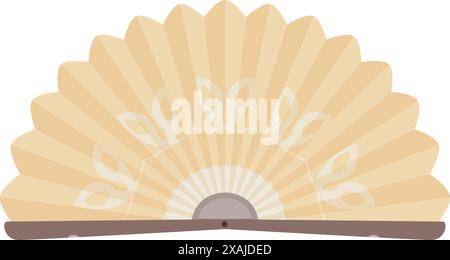 Traditional beige hand fan with floral pattern folding over wooden handle, isolated on white background Stock Vector